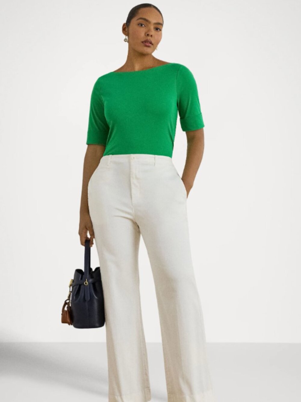 LAUREN RALPH LAUREN Cotton Boatneck Top Kelly Green Coastal Chic Old Money Sz S